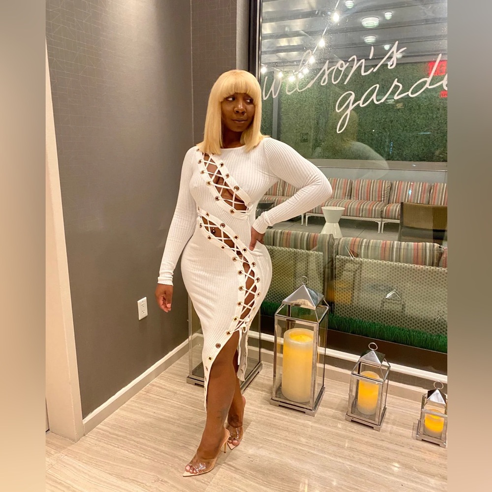 She Got It All Open Lace Up Ribbed Dress in White